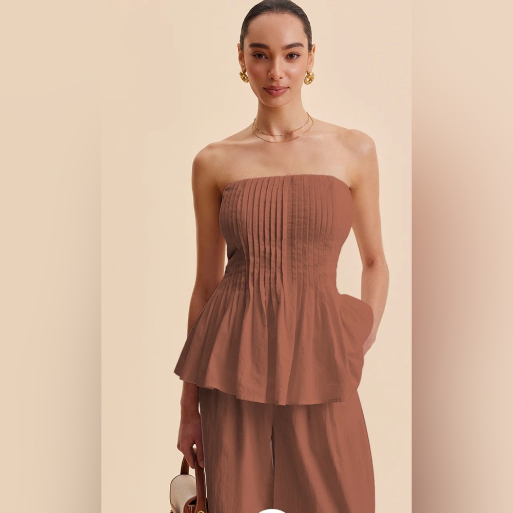 Strapless Brown Pleated Peplum Top SZ XL